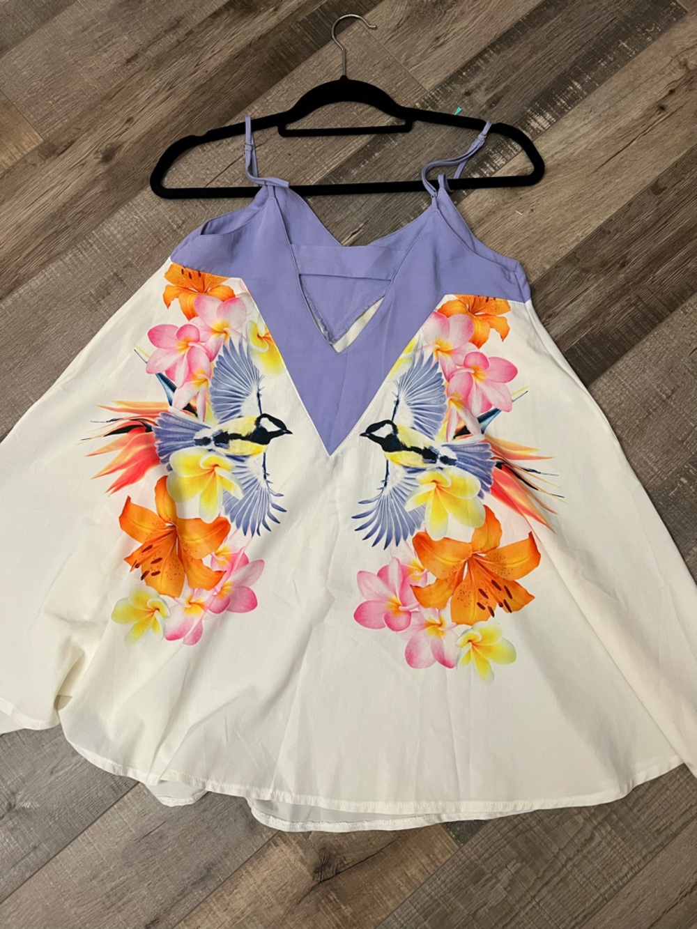 White Floral & Bird Mini Dress with Lavender Bodice size XS NWOT - Picture 4 of 11